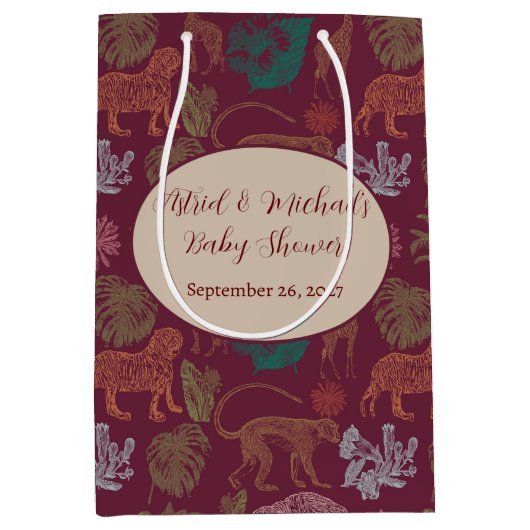 ヴィンテージジャングルサファリピンクベビーシャワー ミディアムペーパーバッグ (正面)