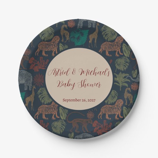 ヴィンテージジャングルサファリ男の赤ちゃんシャワー ペーパープレート (正面)