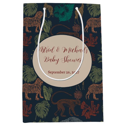 ヴィンテージジャングルサファリ男の赤ちゃんシャワー ミディアムペーパーバッグ (正面)