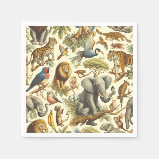 ヴィンテージジャングル動物の水色 スタンダードカクテルナプキン (正面)