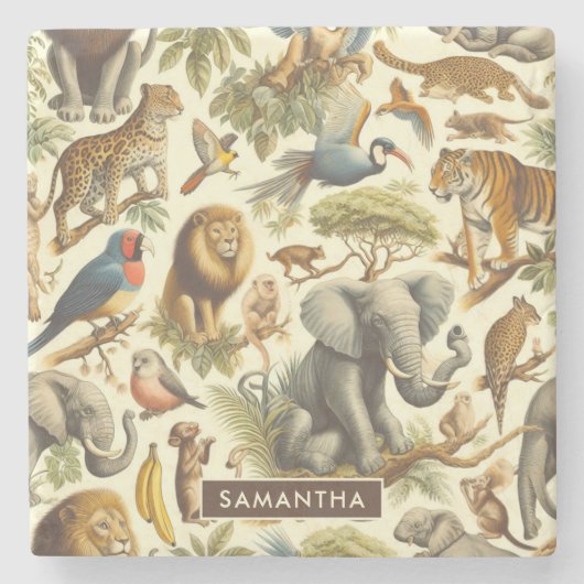 ヴィンテージジャングル動物の水色 ストーンコースター (正面)
