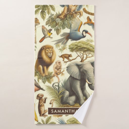ヴィンテージジャングル動物の水色 バスタオル (バスタオル)