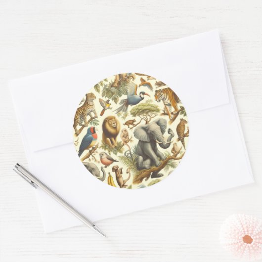 ヴィンテージジャングル動物の水色 ラウンドシール (封筒)