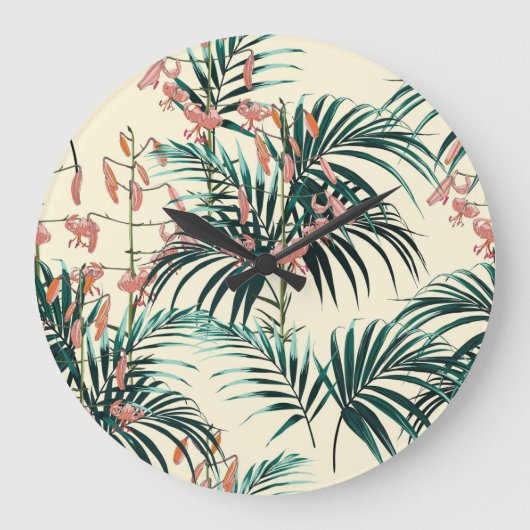 ヴィンテージジャングル：ダークグリーン、オレンジリリー。 ラージ壁時計 (正面)