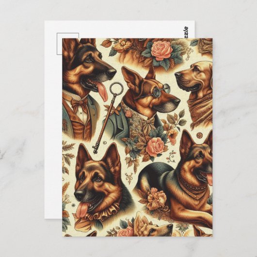 ヴィンテージジャーマンシェパードイラストレーション ポストカード (正面/裏面)