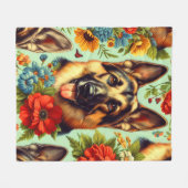 ヴィンテージジャーマンシェパードフローラ フリースブランケット (正面(横))