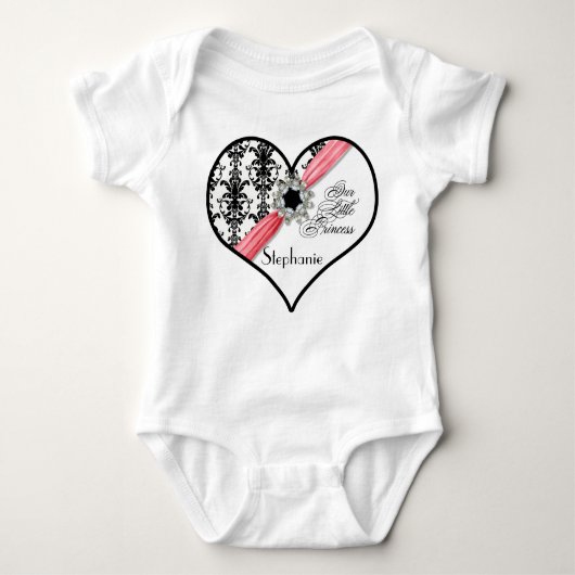 ヴィンテージジュエルバックル白黒ダマスリボン ベビーボディスーツ (正面)