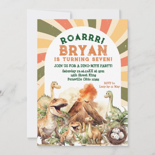 ヴィンテージジュラシックボーイスノーズボルケーノ誕生日 招待状 (正面)