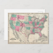 ヴィンテージジョンソンの州の地図統一された(1866年) ポストカード (正面/裏面)
