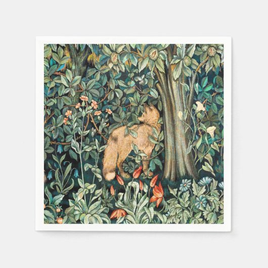 ヴィンテージジョン・デアール「緑」 – 木の花とキツネ スタンダードカクテルナプキン (正面)