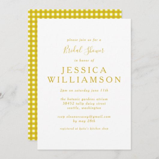 ヴィンテージジンガムプレイドインイエローブライダルシャワー 招待状 (正面/裏面)