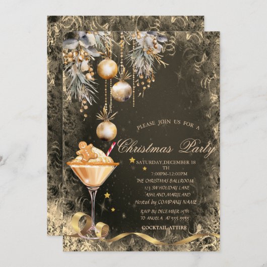 ヴィンテージジンジャーブレッドクッキー飲み物ボールクリスマス 招待状 (正面/裏面)