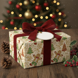ヴィンテージジンジャーブレッドマンとクリスマスツリー ラッピングペーパー