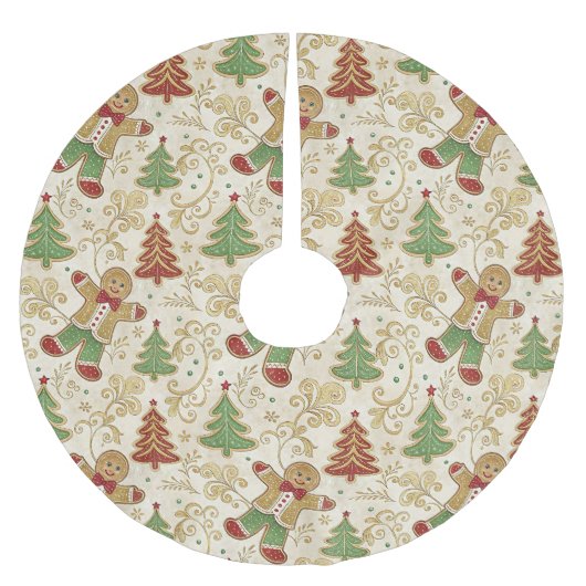 ヴィンテージジンジャーブレッドマン&クリスマスツリー ブラッシュドポリエステルツリースカート (正面)