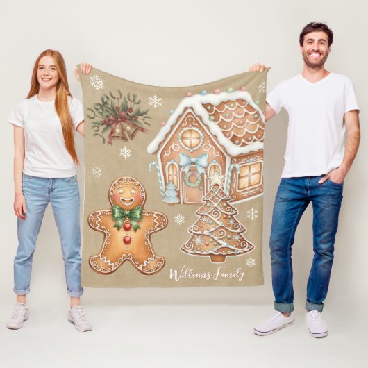 ヴィンテージジンジャーブレッドマン，家，木，クリスマス フリースブランケット (インサイチュ)