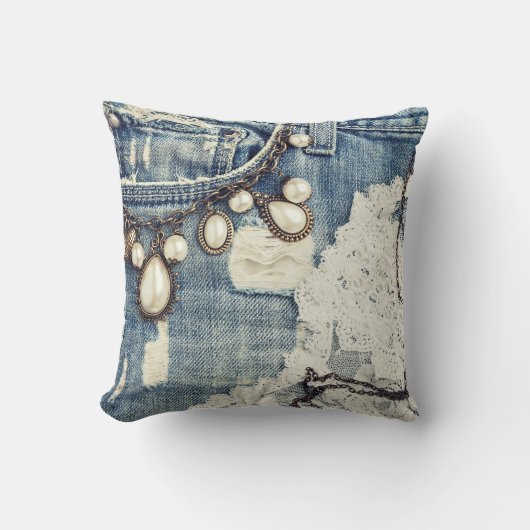 ヴィンテージジーンズビクトリアンレース投げソファ枕 クッション (正面)