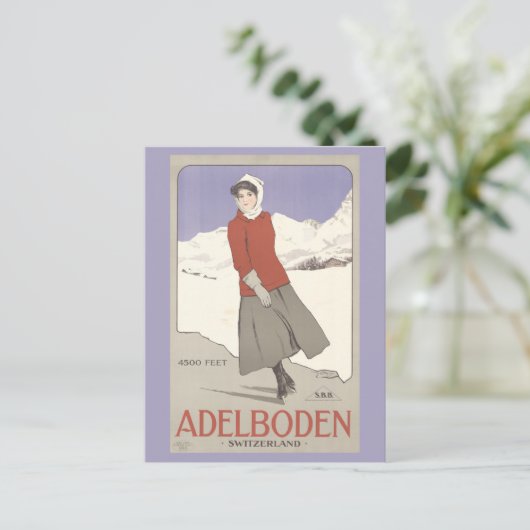 ヴィンテージスイスウィンタースケートで滑るスイストラベル ポストカード (スタンド正面)