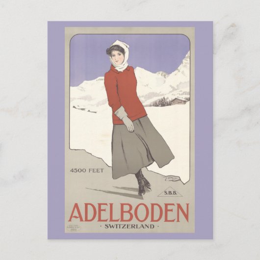 ヴィンテージスイスウィンタースケートで滑るスイストラベル ポストカード (正面)