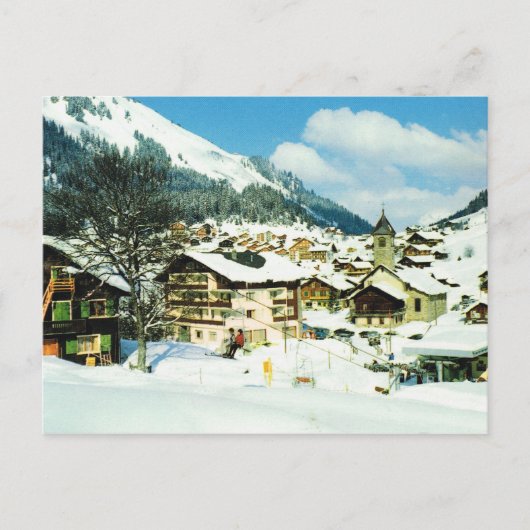 ヴィンテージスイスモーギンズ、冬のスキーリゾート ポストカード (正面)