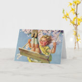 ヴィンテージスイング、女の子が木に揺れる子供 カード (黄色い花)