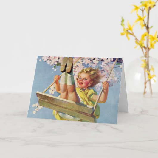 ヴィンテージスイング、女の子が木に揺れる子供 カード (黄色い花)