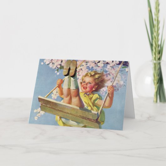 ヴィンテージスイング、女の子が木に揺れる子供 カード (正面)