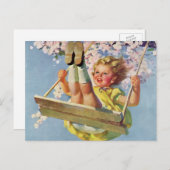 ヴィンテージスイング、女の子が木に揺れる子供 ポストカード (正面/裏面)