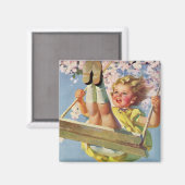 ヴィンテージスイング、女の子が木に揺れる子供 マグネット (正面/裏面)