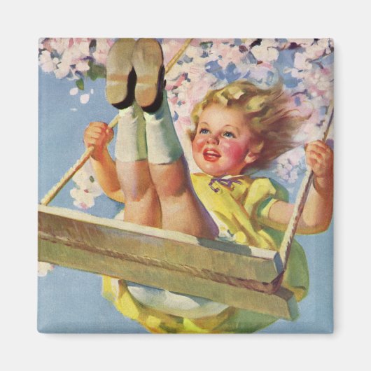 ヴィンテージスイング、女の子が木に揺れる子供 マグネット (正面)