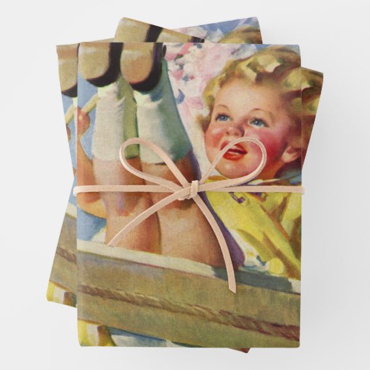 ヴィンテージスイング、女の子が木に揺れる子供 ラッピングペーパーシート (インサイチュ)