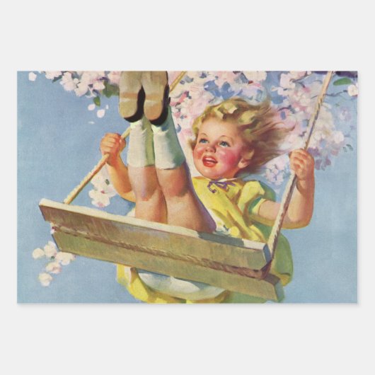 ヴィンテージスイング、女の子が木に揺れる子供 ラッピングペーパーシート (正面)