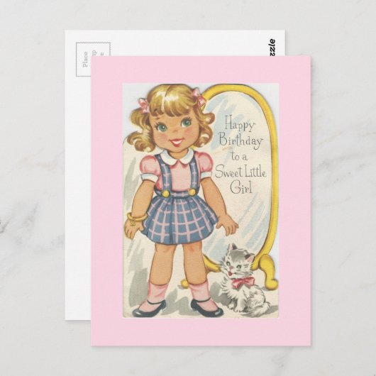 ヴィンテージスウィートガール誕生日カード ポストカード (正面/裏面)