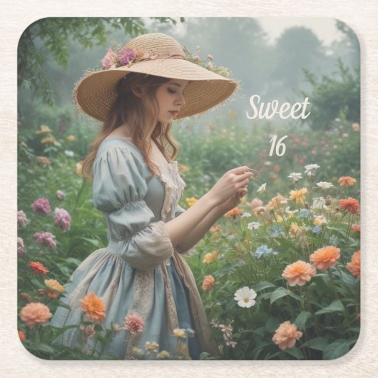 ヴィンテージスウィート16誕生日 スクエアペーパーコースター (正面)