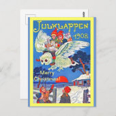 ヴィンテージスウェーデンフクロウ&キッズジュルクラペンクリスマス ポストカード (正面/裏面)