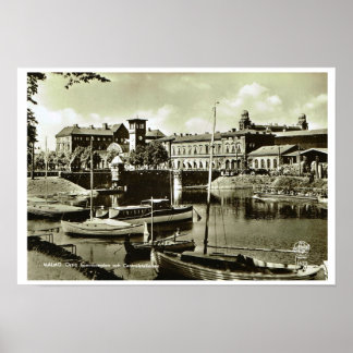 ヴィンテージスウェーデン、マルモ、ウォーターフロントとボート ポスター