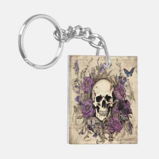 ヴィンテージスカルと紫の花 キーホルダー (正面左)