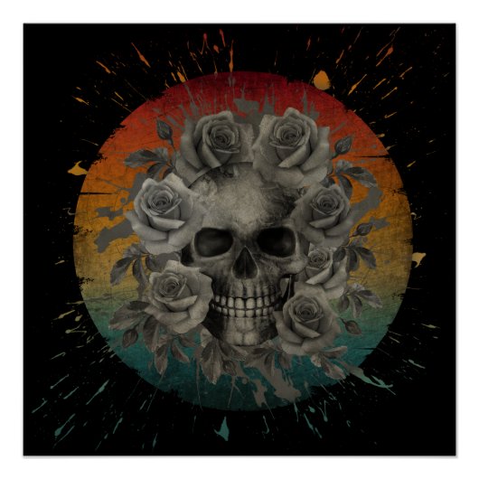 ヴィンテージスカルと花白黒 ポスター (正面)