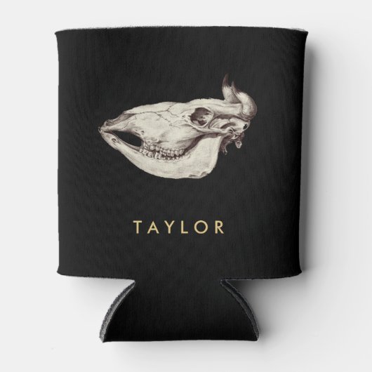 ヴィンテージスカルの牛イラストレーション名 缶クーラー (正面)