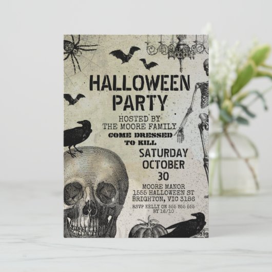 ヴィンテージスカルクロウこうもりハローウィンパーティ招待状 招待状 (スタンド正面)