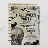 ヴィンテージスカルクロウこうもりハローウィンパーティ招待状 招待状 (正面/裏面)