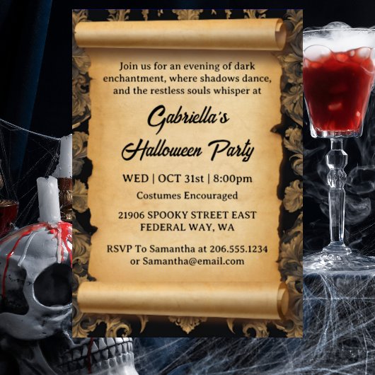 ヴィンテージスカルゴシック体ハロウィーン大人パーティー 招待状