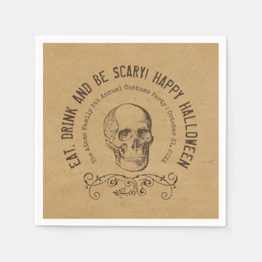 ヴィンテージスカルパーソナライズされたハローウィンパーティ スタンダードカクテルナプキン (正面)