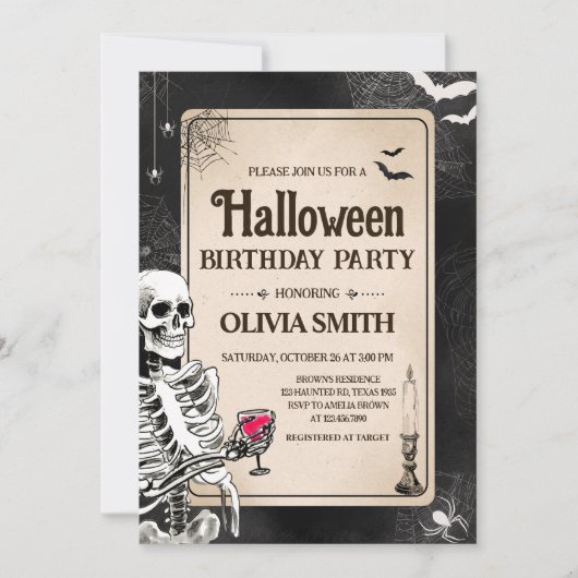 ヴィンテージスカル大人ハロウィーン誕生日パーティー 招待状 (正面)