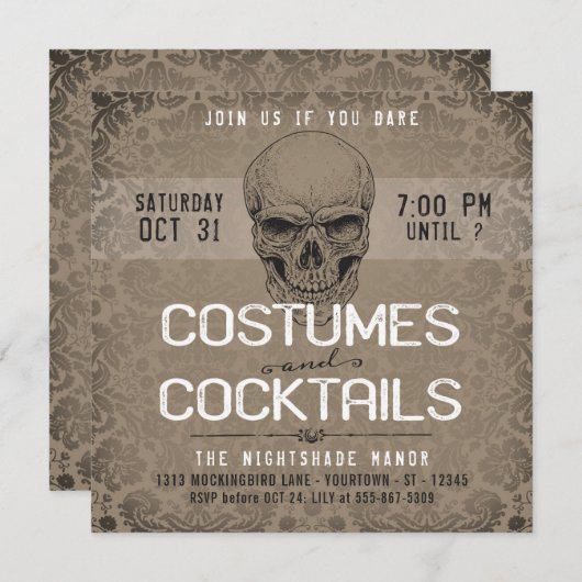 ヴィンテージスカル |コスチュームとカクテルハロウィーン 招待状 (正面/裏面)