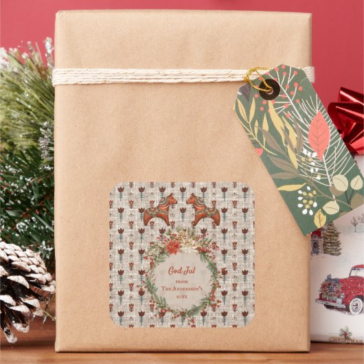 ヴィンテージスカンジナビアフォークアートダラホースクリスマス スクエアシール (クリスマス)