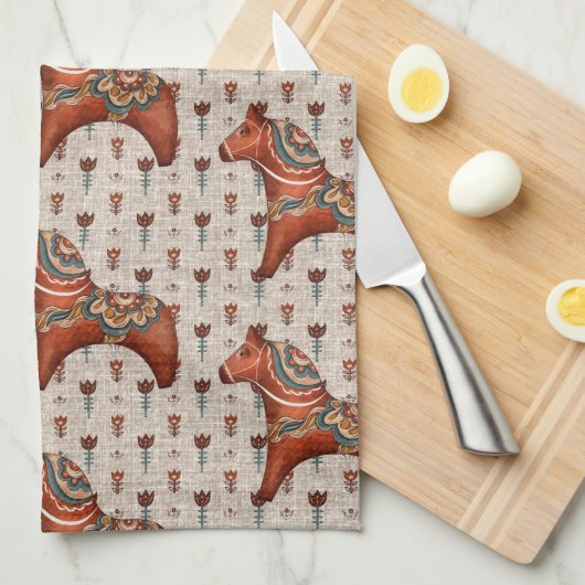 ヴィンテージスカンジナビアフォークアートダラホース キッチンタオル (四つ折り)