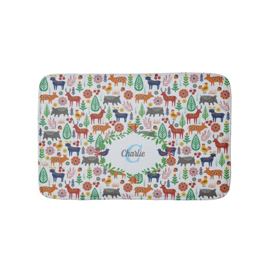 ヴィンテージスカンジナビアフォークアートモノグラムパターン バスマット (正面)