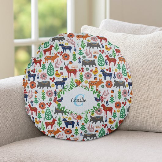 ヴィンテージスカンジナビアフォークアートモノグラムパターン ラウンドクッション