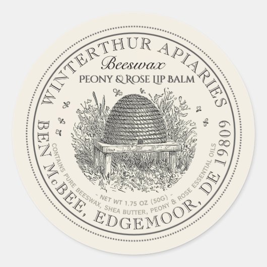 ヴィンテージスキューアイボリービーズワックスリップバールラベル ラウンドシール (正面)