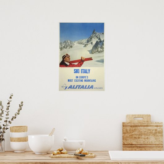 ヴィンテージスキーイタリアアリタリアエアライン ポスター (キッチン)